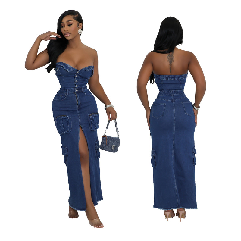 6019 Cross-border New 3D Pocket Sexy Strapless Open Shoulder Split Tooling Bag Denim dress Autumn Dress