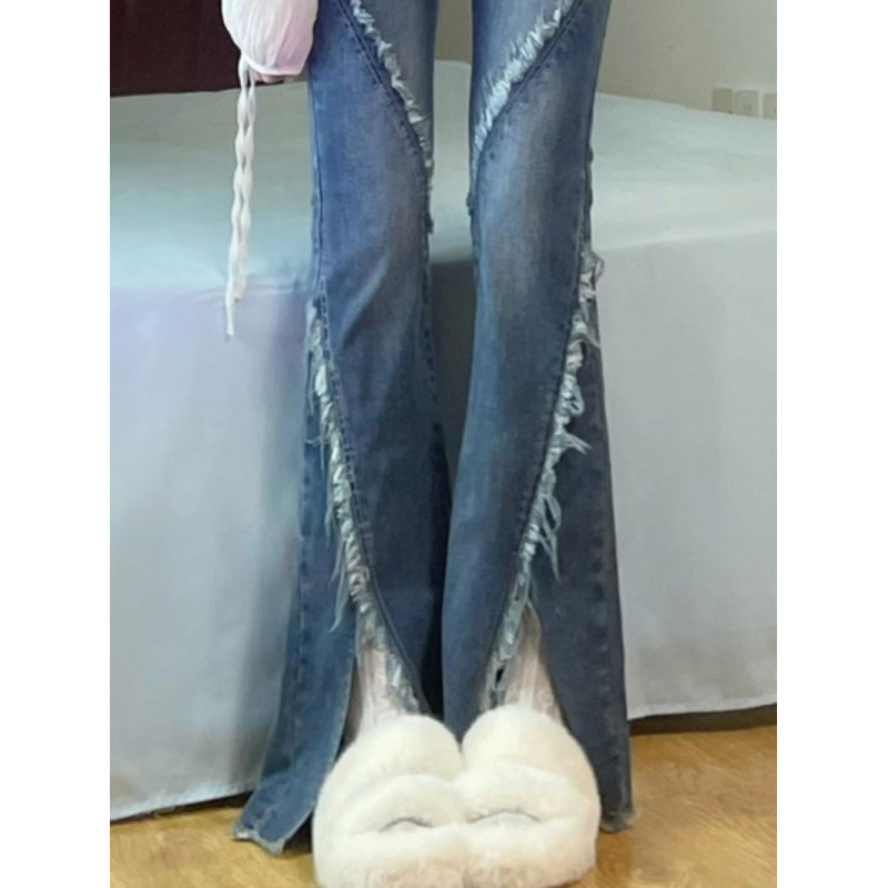 빈티지 스플릿 래그 스트랩 청바지 여성용 봄과 가을 슬림 핏 스트레치 높은 허리 슬리밍 마이크로 플레어 바지