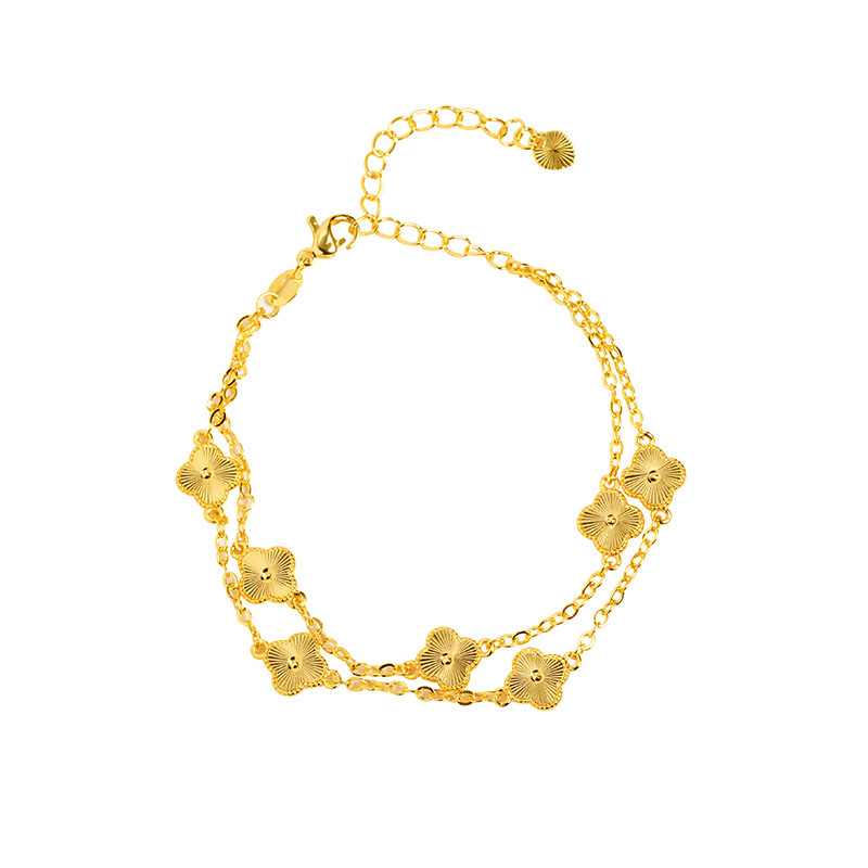 Nueva pulsera china de oro de arena vietnamita ligera de lujo de alto nivel de doble capa de cuatro hojas de flores de brazalete de joyería de mano de larga duración
