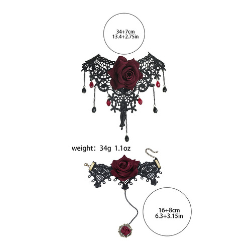 Eurasian Cross-border Retro Black Lace Rose Necklace Bracelet Ring Set for Women Dark Style Choker Jewelry