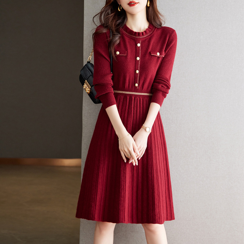 Burgundy Sweater Dress 2025 New Loose Inner Mid-Length Dress Women's Autumn and Winter Waist Sweater Retro
