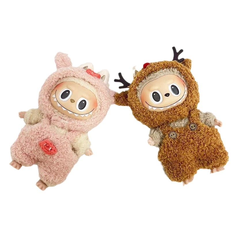 Caja ciega de 17cm, tela de tela, traje de mono de alce pequeño de terciopelo de nube, colgante de labubu, vestido de Navidad de cerdo