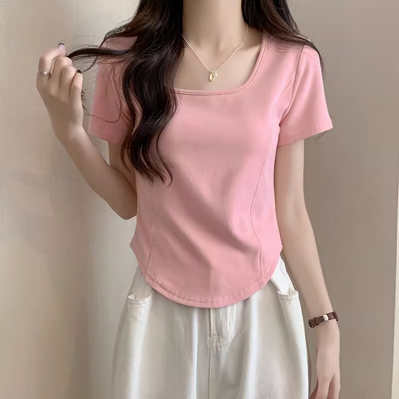 A generation of thread cotton 260g plus size 200kg summer square collar short sleeve T-shirt women stitching slim base shirt