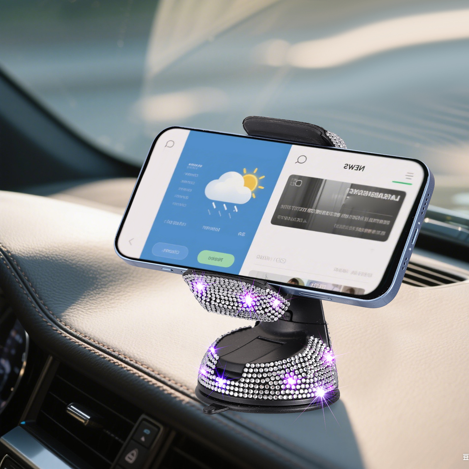 Diamond-Encrusted Car Phone Holder 360 ° Rotating Suction Cup Dashboard Navigation Stand, Universal Model