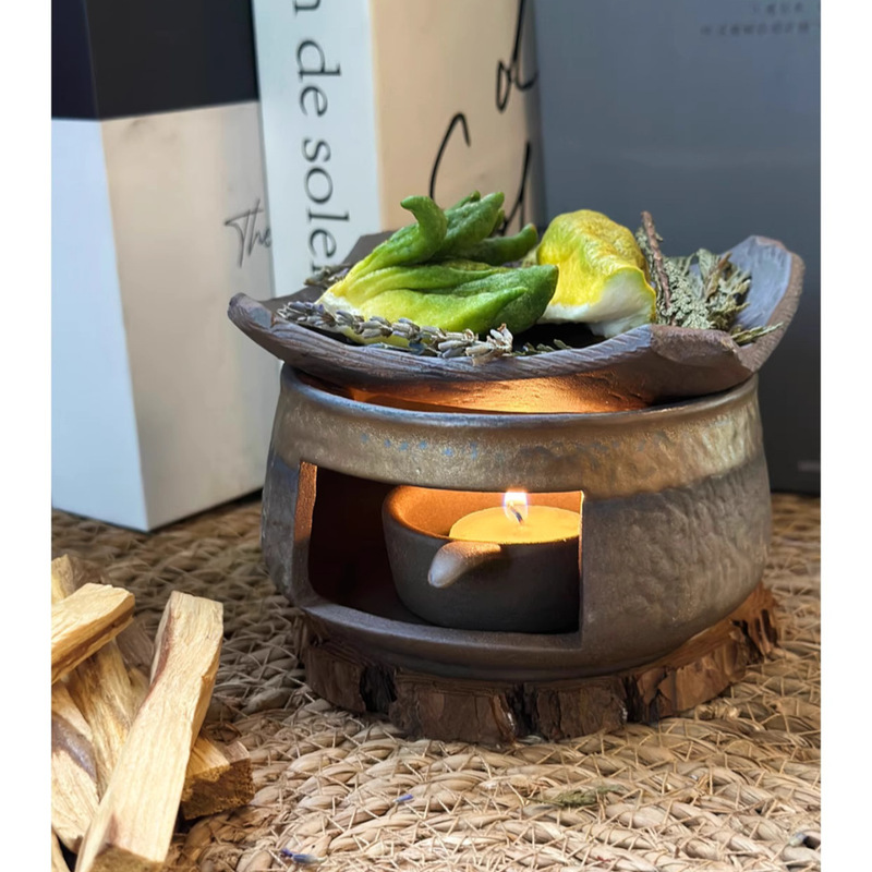 Rough Pottery Home Desktop Aromatherapy Stove Retro Fireplace Home Office Tea Warmer Retro Candle Tea Warmer Ornaments