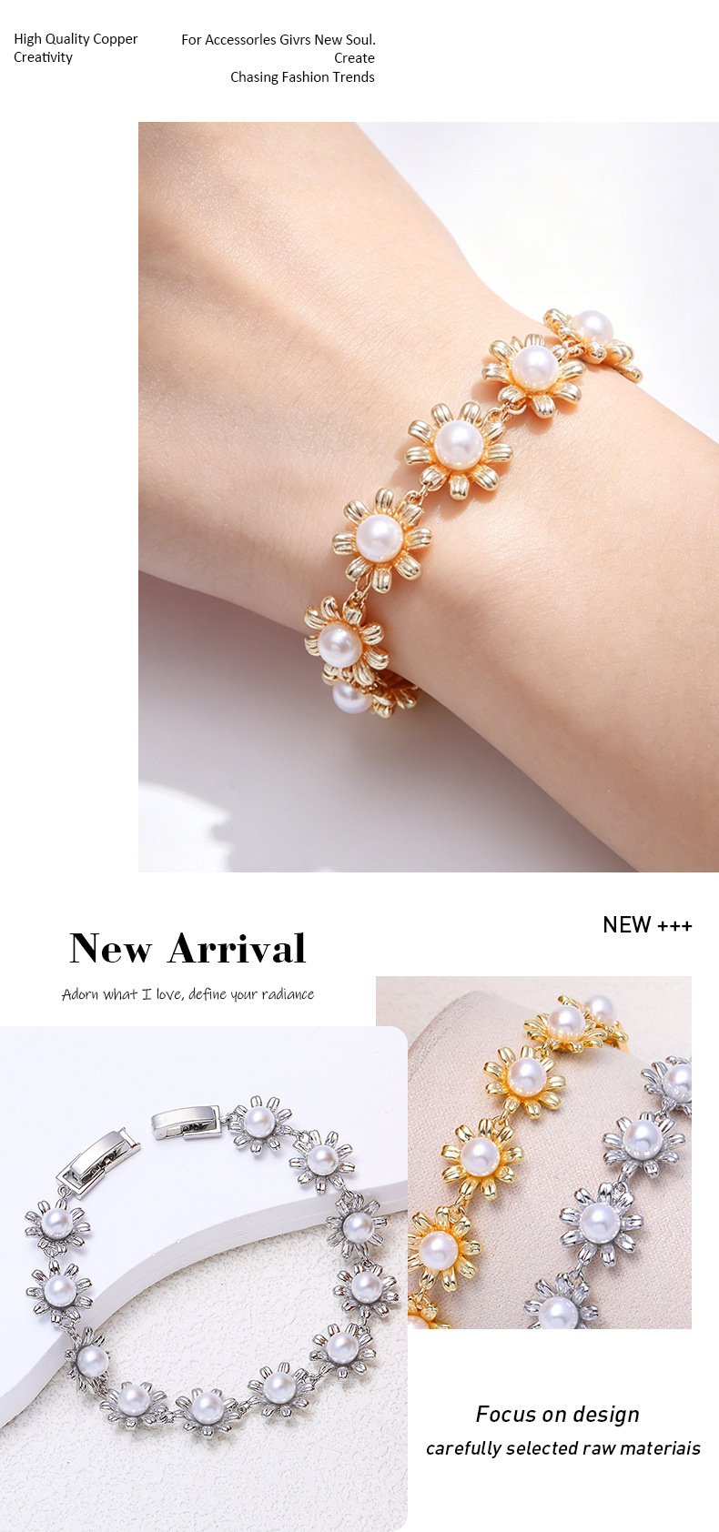 Pulsera de mujer lujosa en cobre con flor geométrica y perla_voghion.com