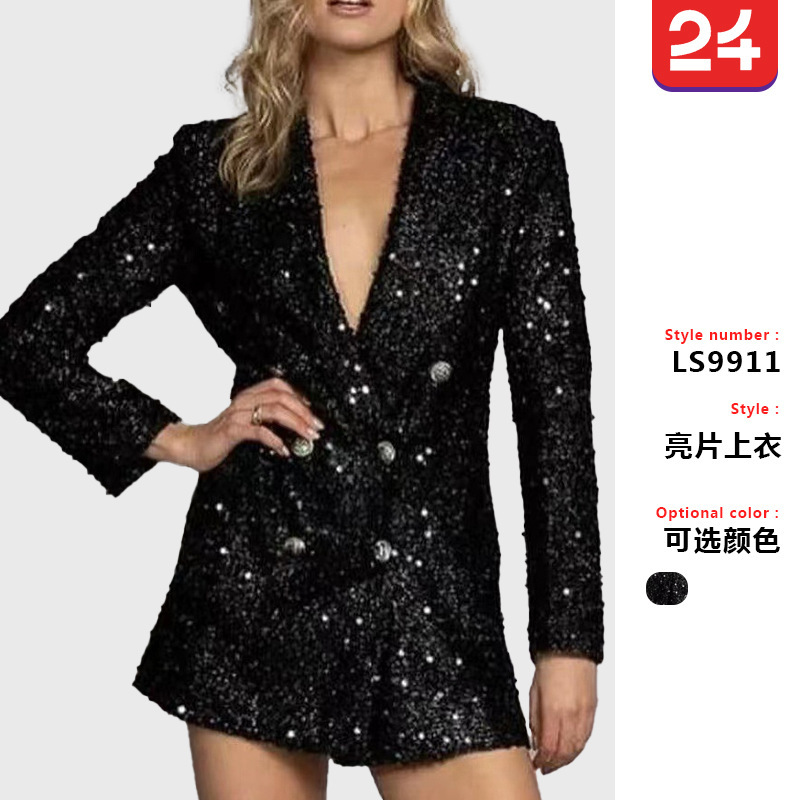 Cross-Border New European and American Fashion Socialite V-Neck Elegant Suit Jacket Double-Breasted Black Sequined Slim Long Top
