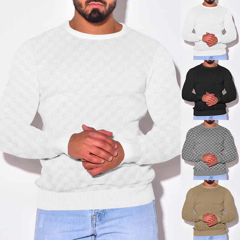 2024 Men's Spring and autumn  men's knitted shirt with jacquard chessboard plaid round neck casual bottom long sleeved top_voghion.com