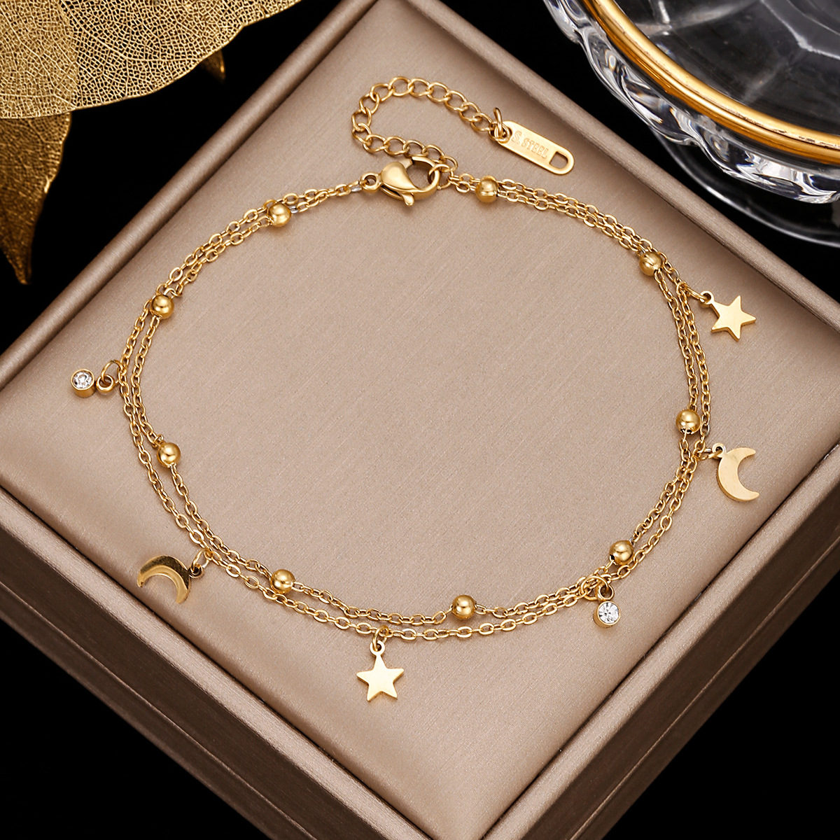 Holiday, Travel Occasion Wholesale Jewelry Vacation Star Moon Stainless Steel Artificial Gemstones Anklet