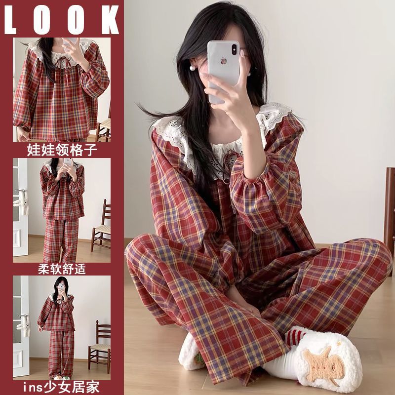 Factory Direct Sales Volume Pajamas Women's Cloud Cotton Large Lapel Lace Plaid Spring & Fall Home Wear Women's Suit