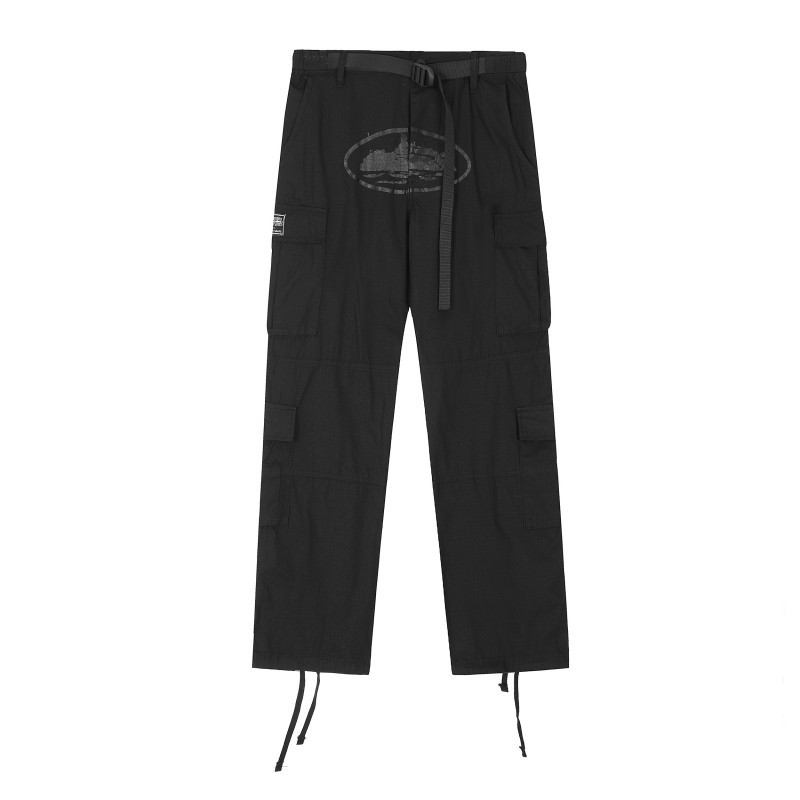 Pantalones cargo estilo COR Devil de la marca estadounidense de moda para hombre, con múltiples bolsillos, botones laterales, pantalones jogger vintage holgados de pierna recta con cordón ajustable.