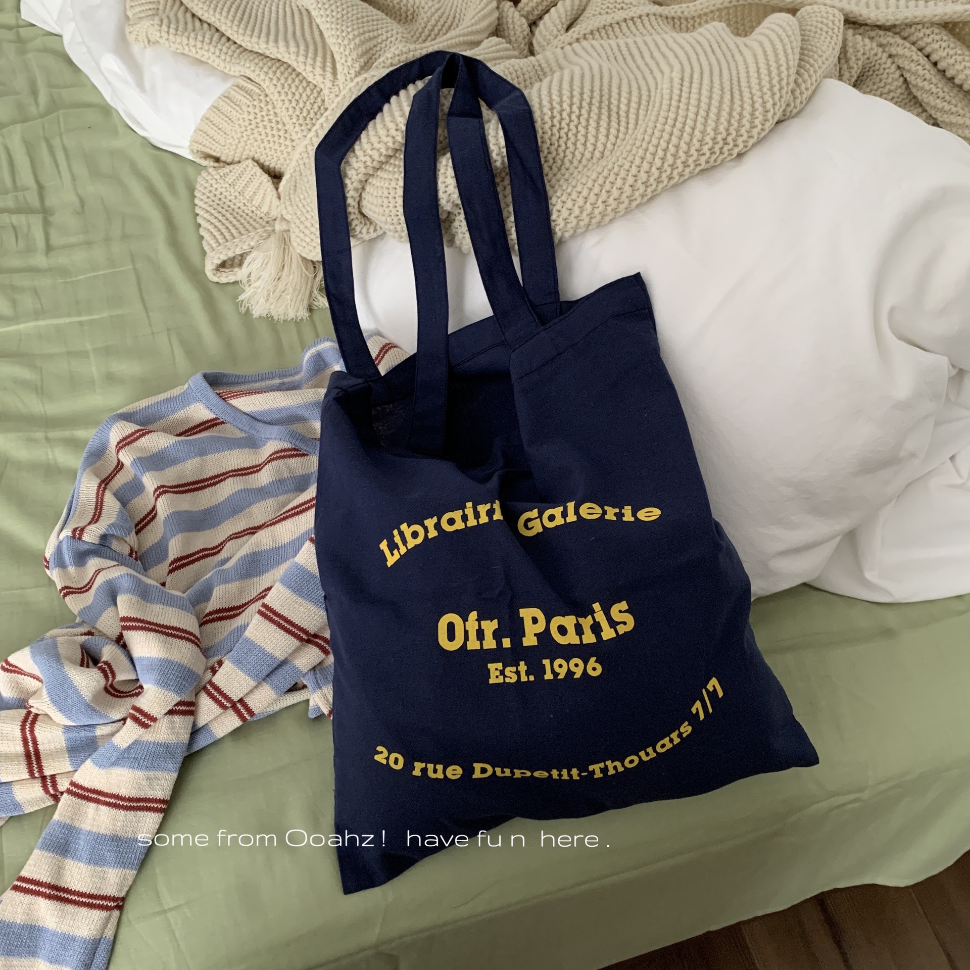 Ofr Paris巴黎书店周边百搭法式简约字母蓝色单肩包薄款帆布包