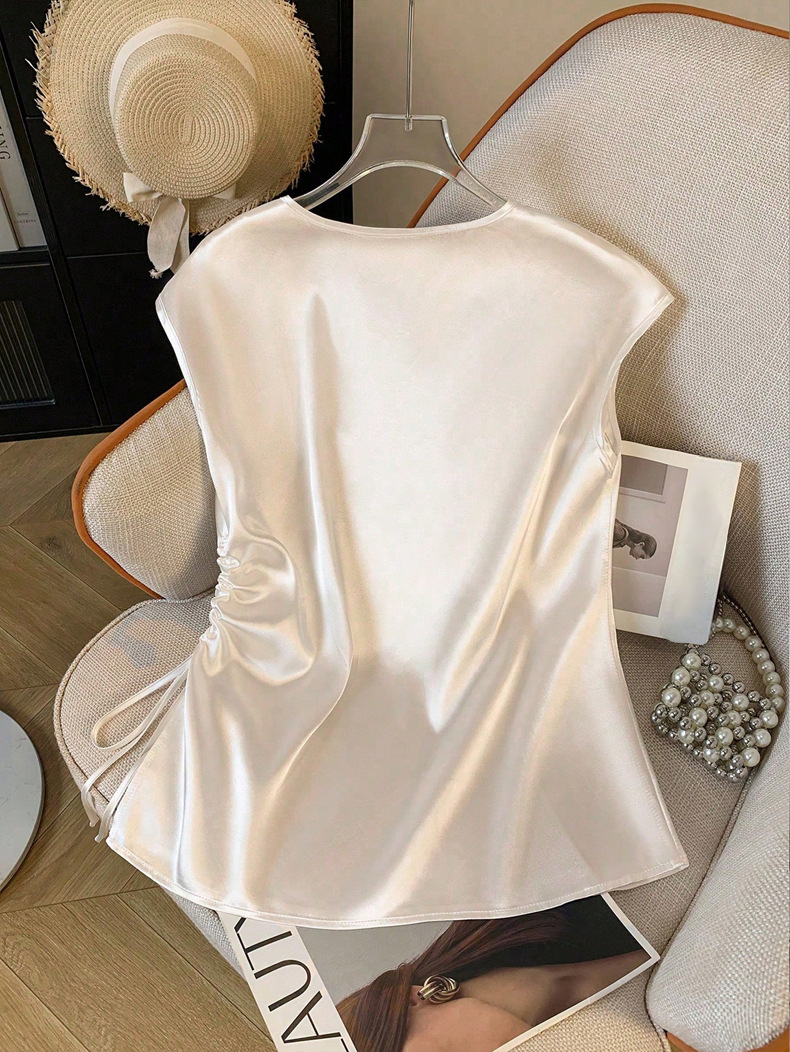 Damen Satin Bluse Mit V-ausschnitt Elegantes Sommer Oberteil_voghion.com