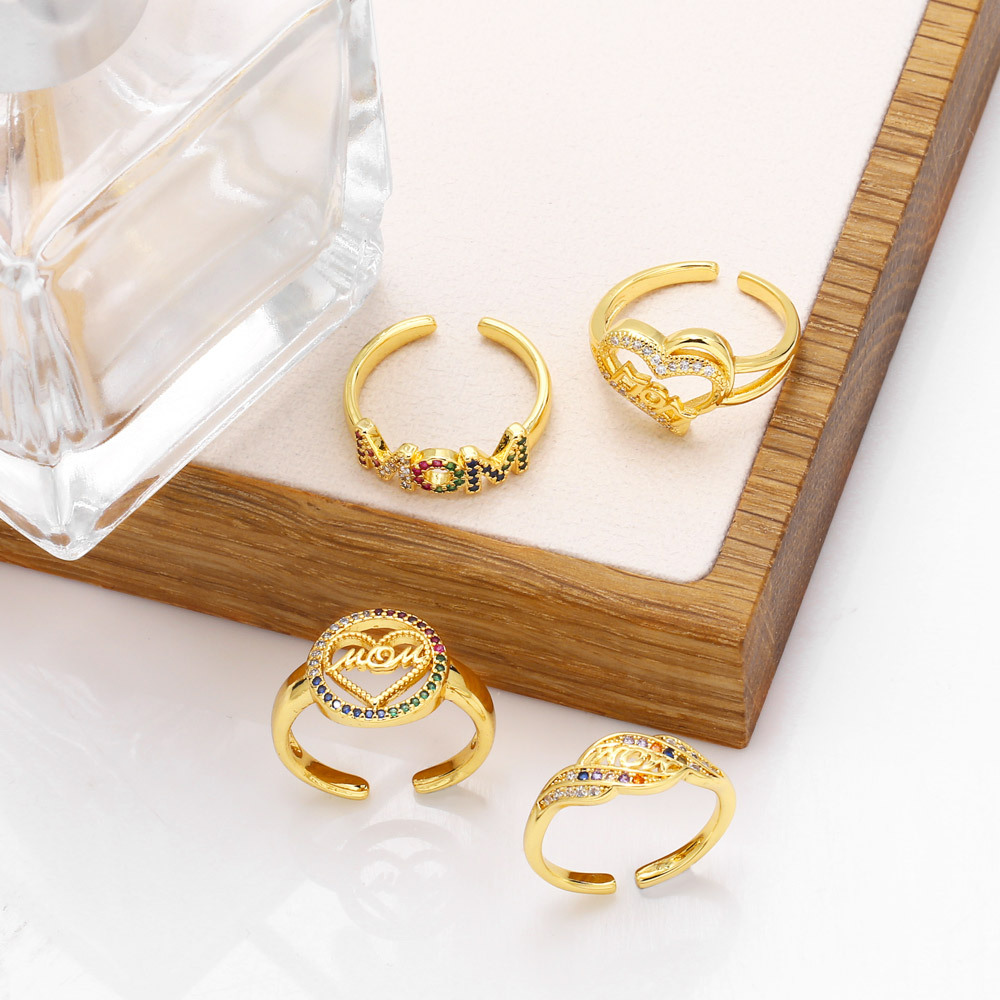 Fashion color zircon motheru0027s day mom letter opening adjustable copper ring