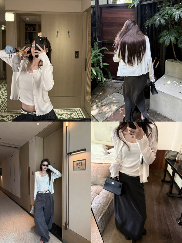 3847#superniniyy 奶油慕斯 可分开购买木耳边开衫加坑条背心女|undefined