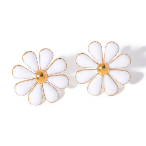 Euramerican Cross-border Summer 18k Gold Stainless Steel Eight-Petal Daisy White Oil Drip Earrings Decorative Accessories