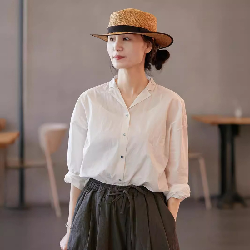 Summer New Artistic Retro Shirt Original Women's White Delicate and Lightweight Cuban Collar Fashion Shirt Cardigan