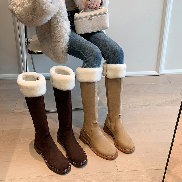 闭眼入搭配短裙敲好看~韩版高个子毛毛高筒靴纯色平底时尚瘦瘦靴