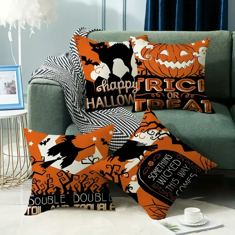 亚马逊跨境爆款万圣节抱枕套女巫亚麻印花抱枕节日搞怪沙发靠垫套