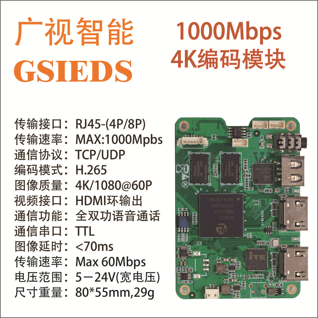 超低延时4K编码模块，HDMI编解码模块，图数一体，4K图传。
