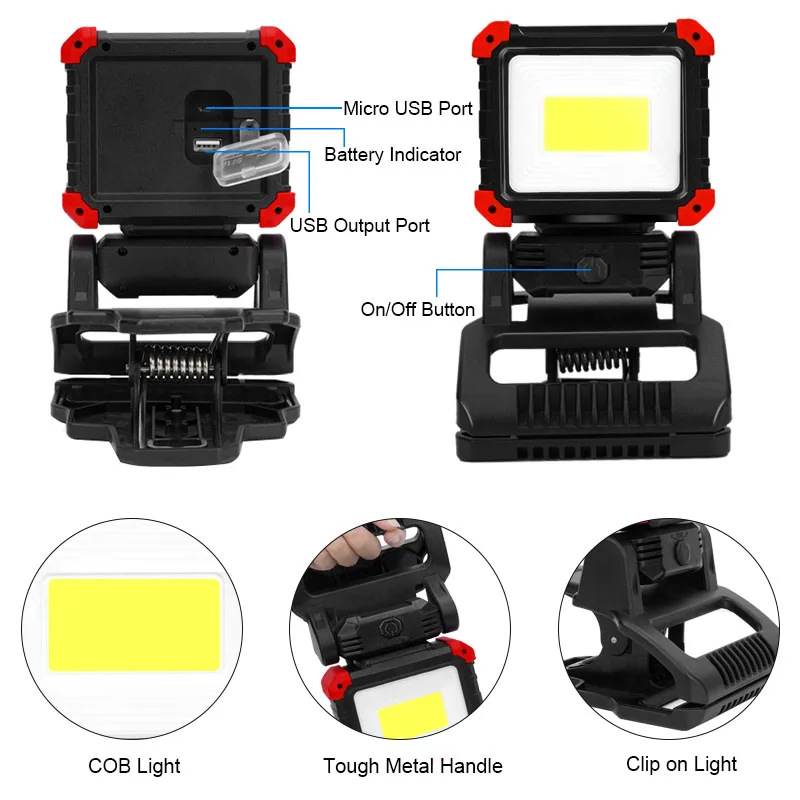 Cross-Border Ce+Rohs Rechargeable Cob Magnetic Clamp Work Light, Rotatable Portable Ultra-Bright Led Work Light