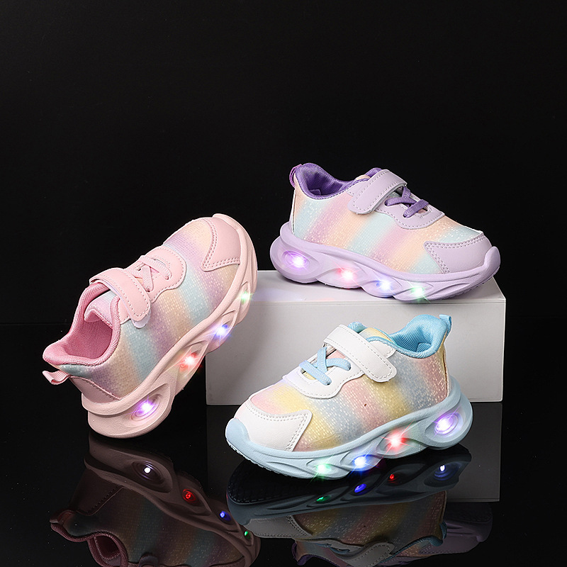 New Style Girls' Velcro Children's Shoes with Light-Up Laces, Soft Soles, Lightweight and Breathable, Little Girls' Sports Shoes