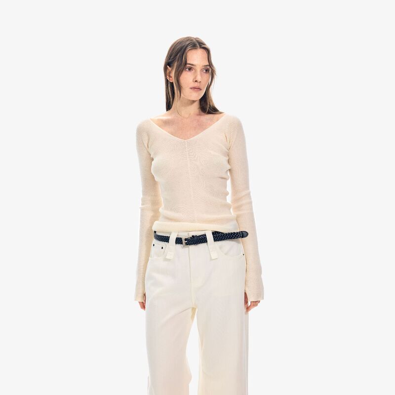 2026 Spring/Summer New Fine Knit Yarn Women's V-Neck Long Sleeve Pullover Slim Fit Base Layer T-Shirt