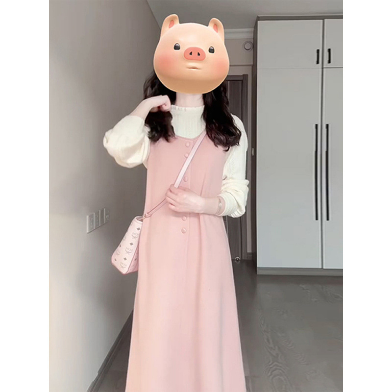 背心连衣裙子女早秋韩系穿搭粉色甜美春秋2025新款针织长裙两件套|undefined