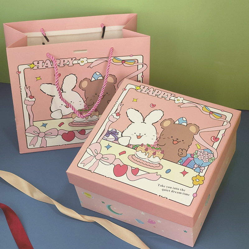 Коробка с крышкой «Небо и земля»; №1 милый мультяшный кролик и медведь розового цвета + подарочный пакет; коробка: 20х10х20см