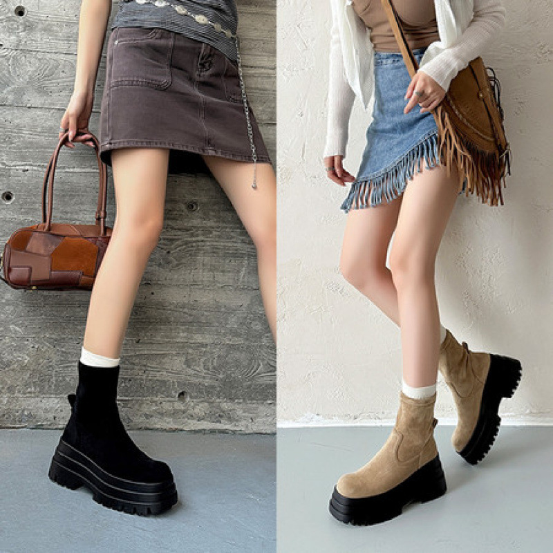 Elastic half boots for leisure heels platform
