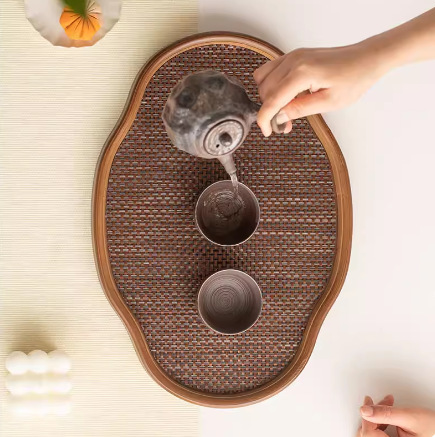 New Chinese-Style Ruyi Woven Tea Tray with Walnut Wood Edging, Dry Tea Brewing Platform, Household Kung Fu Tea Set Tray, Tea Snack Tray