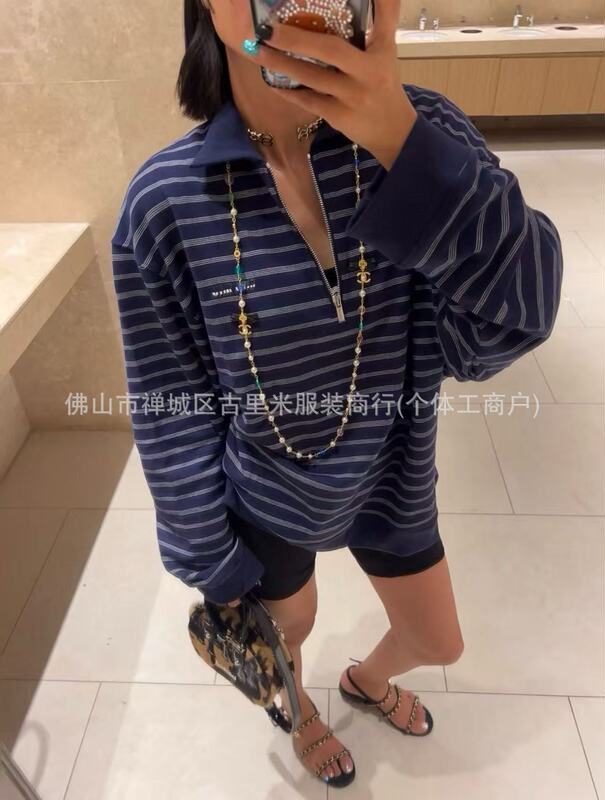 25初秋新款字母刺绣m系学院风徽标条纹半拉链长袖polo衫翻领卫衣|undefined