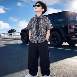 春夏季男童韩系短袖套装2026新款儿童男孩大童时髦洋气夏装二件套