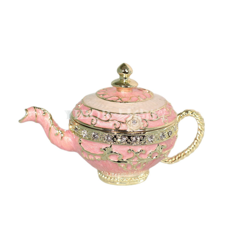 Caja de joyería de color de esmalte de metal Tetera creativa Decoración pequeña Retro chapado en oro Diamante Artesanía pintada a mano Regalo en stock