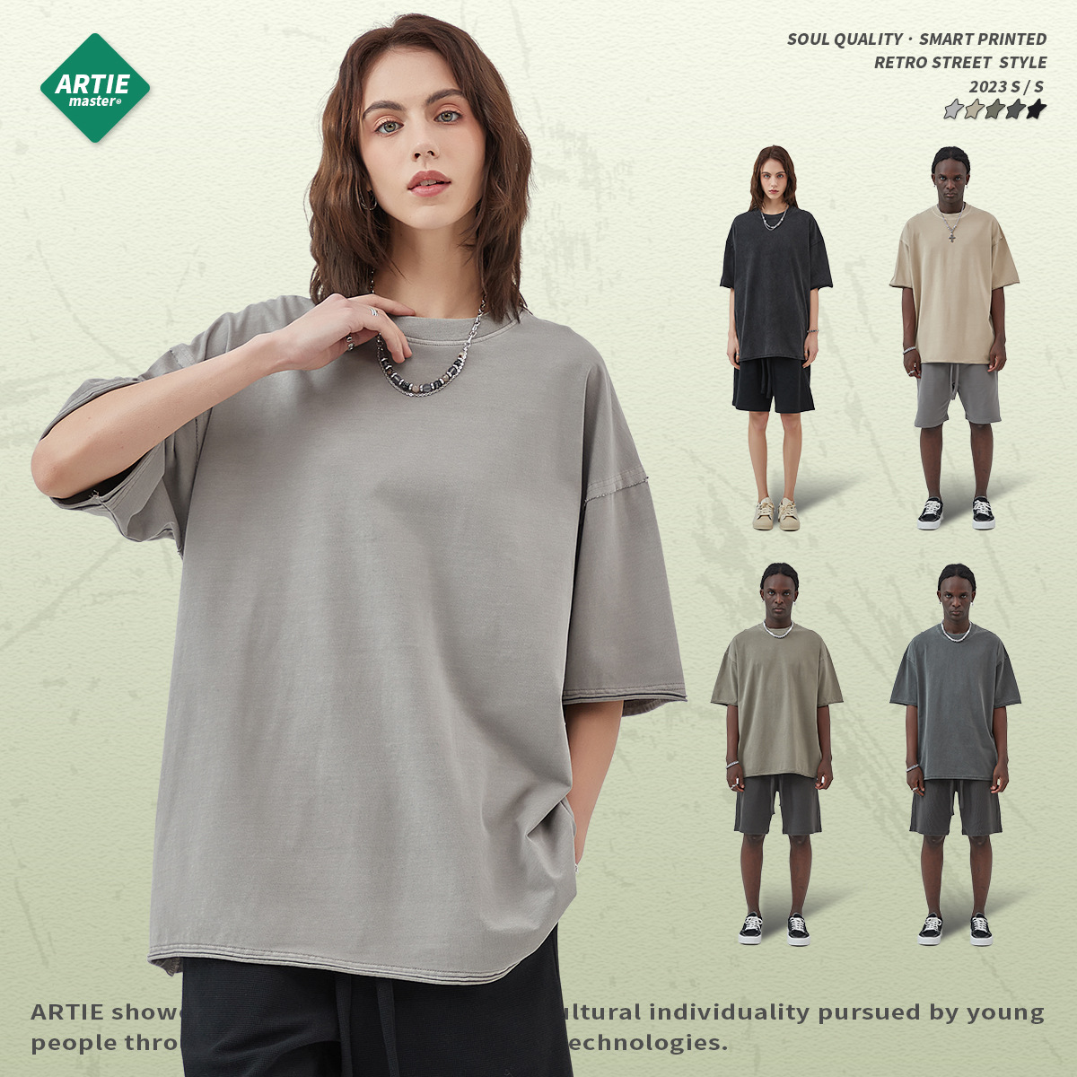 ARTIE Delgado de los hombres 275g de lavado pesado camiseta suelta marca de moda de la calle