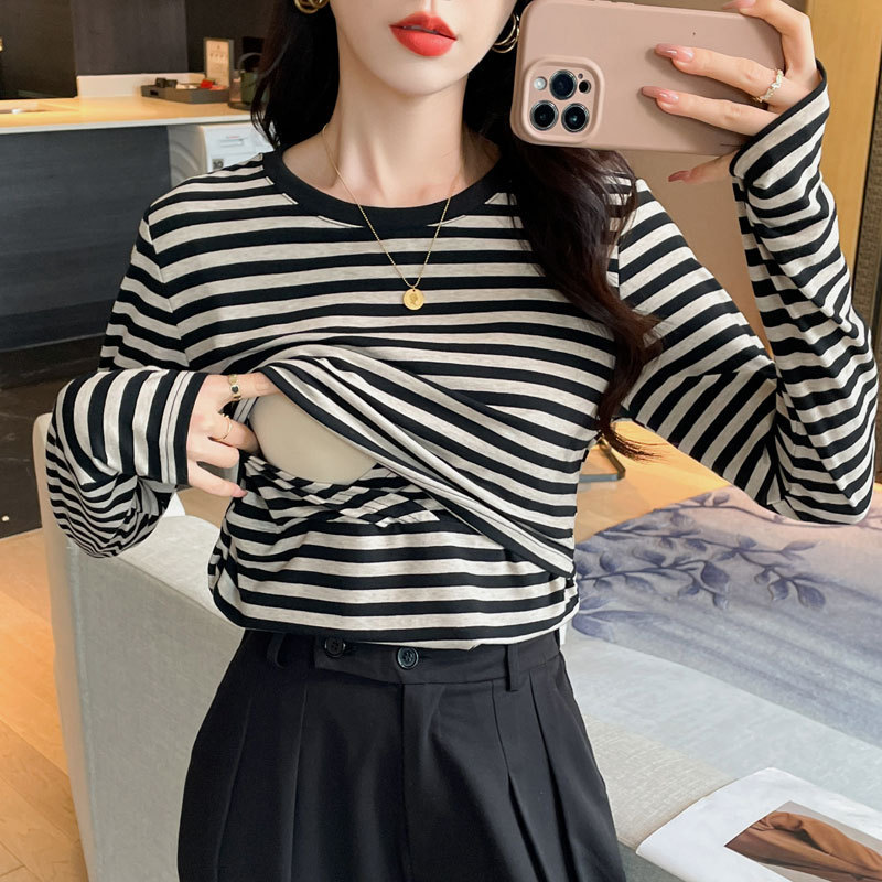 妊婦服秋冬保温授乳tシャツ産後月子期縞綿授乳底バッグ手袖上着|undefined