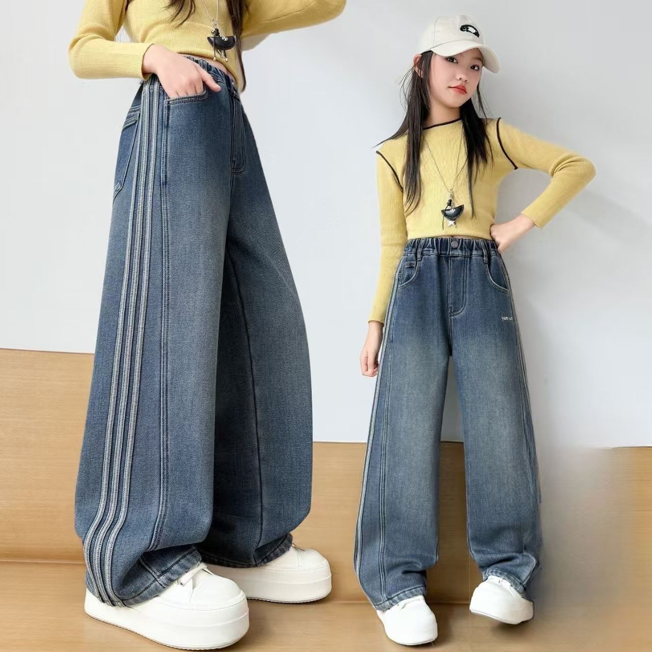 Girls' straight-leg jeans, spring and autumn 2026 new model, children's and older girls' narrow wide-leg long pants, junior high school student pants