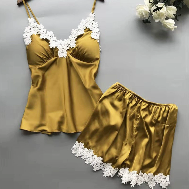 Пижамный набор для женщин, атласный лоскутный топ-с camisole и шорты, лето, расширенный размер (S–2XL)