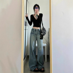 170高个子加长美式水洗牛仔裤女春秋直筒裤垂感拖地裤休闲阔腿裤1