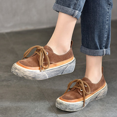 真皮休閒板鞋女2024春季新款復古港風軟底平跟低幫鞋牛皮女鞋潮鞋