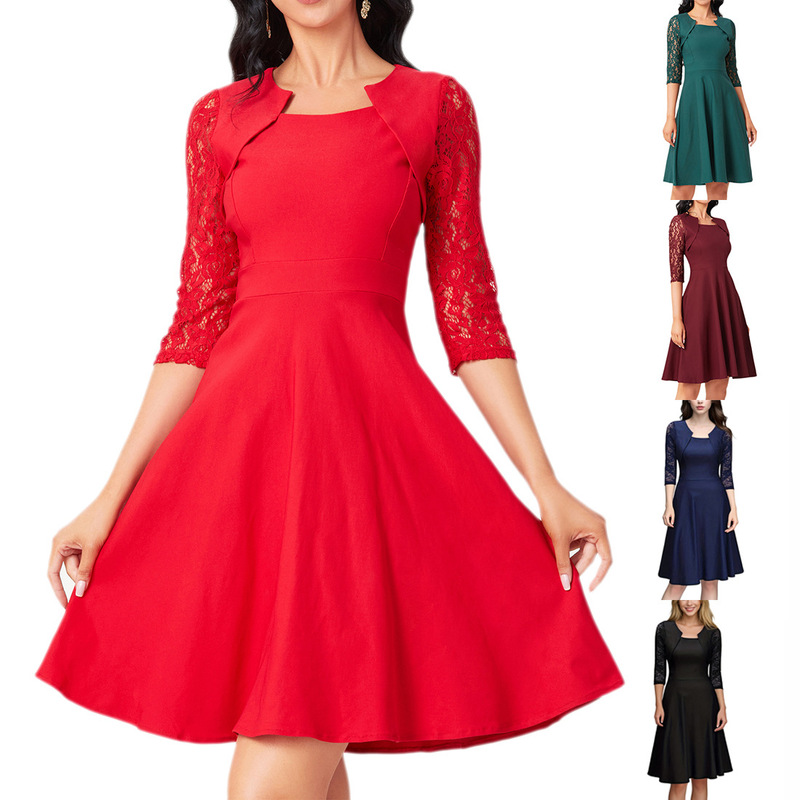 Cross-Border Foreign Trade Amazon European and American Women's Clothing New Fashion Elegant Slim-Fit Umbrella Skirt Elegant Lace Patchwork Dress Cross-Border Foreign Trade Amazon European and American Women's Clothing New Fashion Elegant Slim-Fit Umbrella Skirt Elegant Lace Patchwork Dress