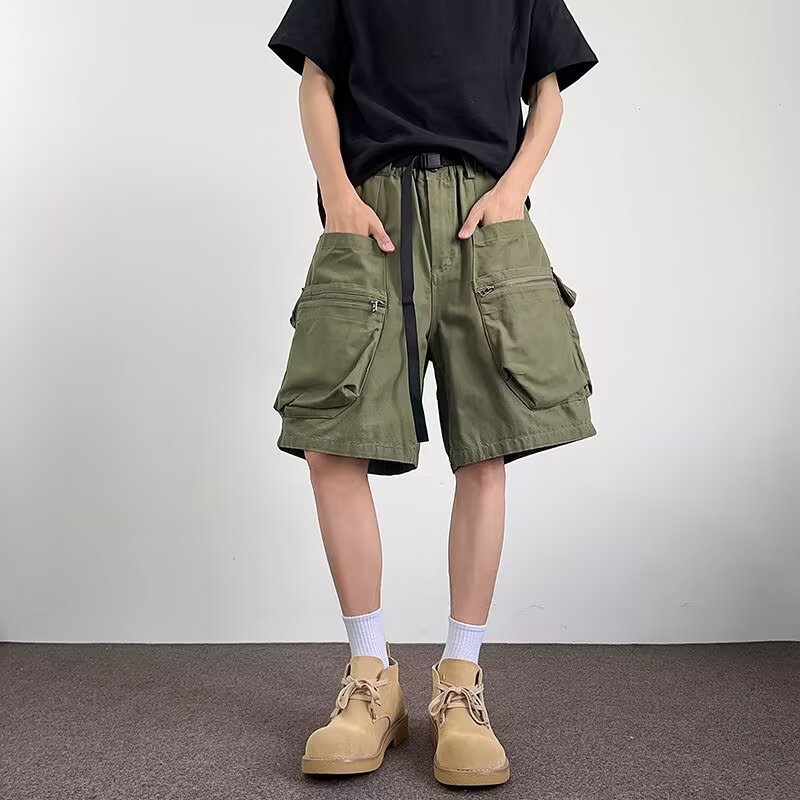 Functional Military Green Cargo Shorts for Men, Mountain Style, Zipper, Multi-Pocket, Loose Fit, Sports, Outdoor, Casual Hiking Shorts