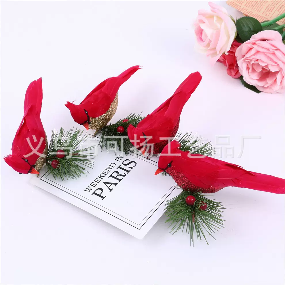跨境货源仿真羽毛鸟手工松针红太平装饰工艺园艺批发仿真圣诞装饰