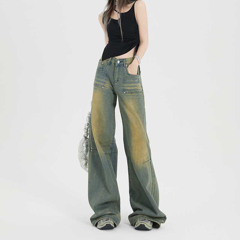 Dropshipping Wholesale Visual Manual Green Mango Water Pattern Style Casual Street Wide Leg Jeans Regular Lengthened