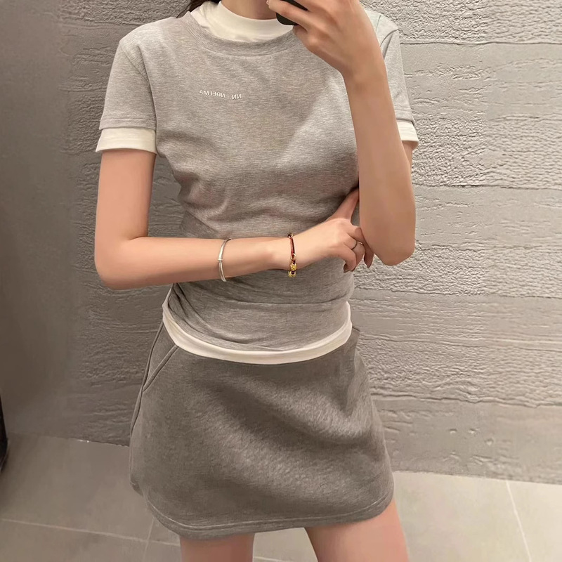 Correct Version 2025 Spring/Summer New Letter Fake Two-piece Double Collar Stitching Slim-fit Short-sleeved T-shirt Base Shirt for Women