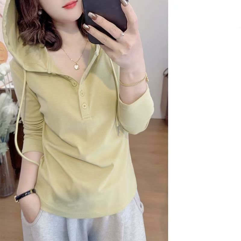 2025 New Pure Cotton Half-Open Collar Hooded Long-Sleeved T-Shirt Literary Style Casual Loose Slimming Look Bottoming Versatile Top
