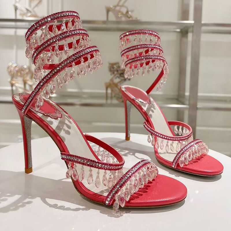 Rc Crystal Chandelier High-Heeled Sandals Fly-Shaped Winding Sexy Fashion Stiletto Dress Shoes Party Wedding 9.5cm
