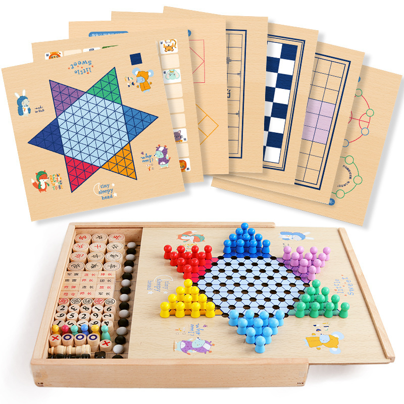 De madera de haya 27-en-uno de múltiples funciones juego de ajedrez de los niños de madera educativos de escritorio juguetes interactivos al por mayor