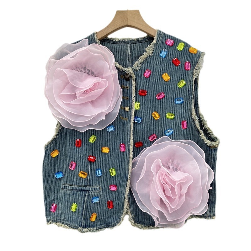 Flores rosadas nuevas fragancias retrógradas broche de cuello redondo chic bordes de lana diamante colorido diseño chaleco chaqueta chaqueta