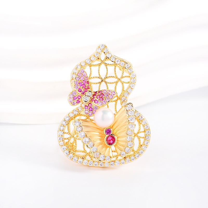 Traditional Chinese-style gourd and butterfly brooch, featuring openwork enamel and freshwater pearls, suitable as a pin or accessory for suits and coats
